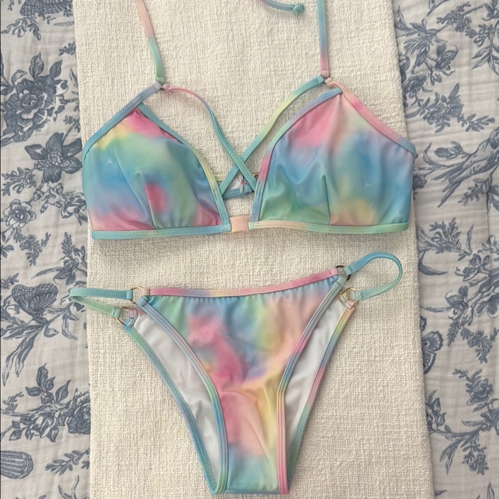Vibrant Blue and Pink Bikini with Artistic Design
